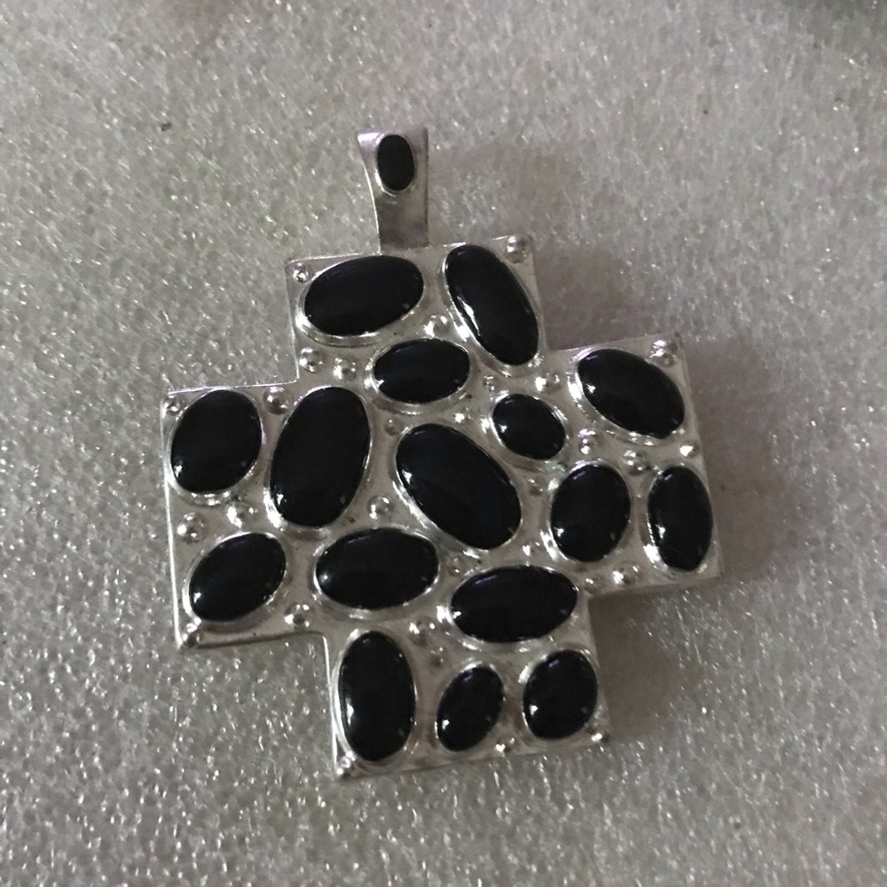 Silver Cross Pendant Necklace with Black Inlay